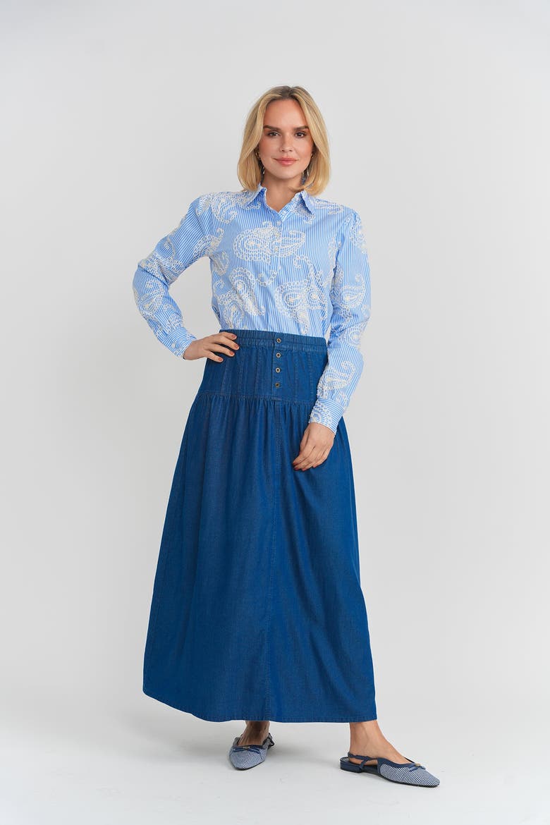Embroidered Stripe Bubble Sleeve Button Blouse, Alternate, color, Blue/Cream