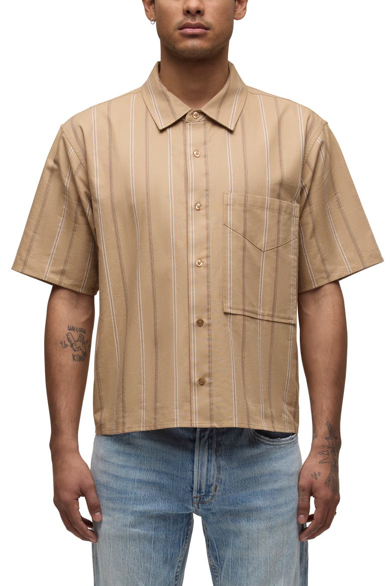 Rex Short Sleeve Cotton Button-Up Shirt, Main, color, CAMEL STRIPE