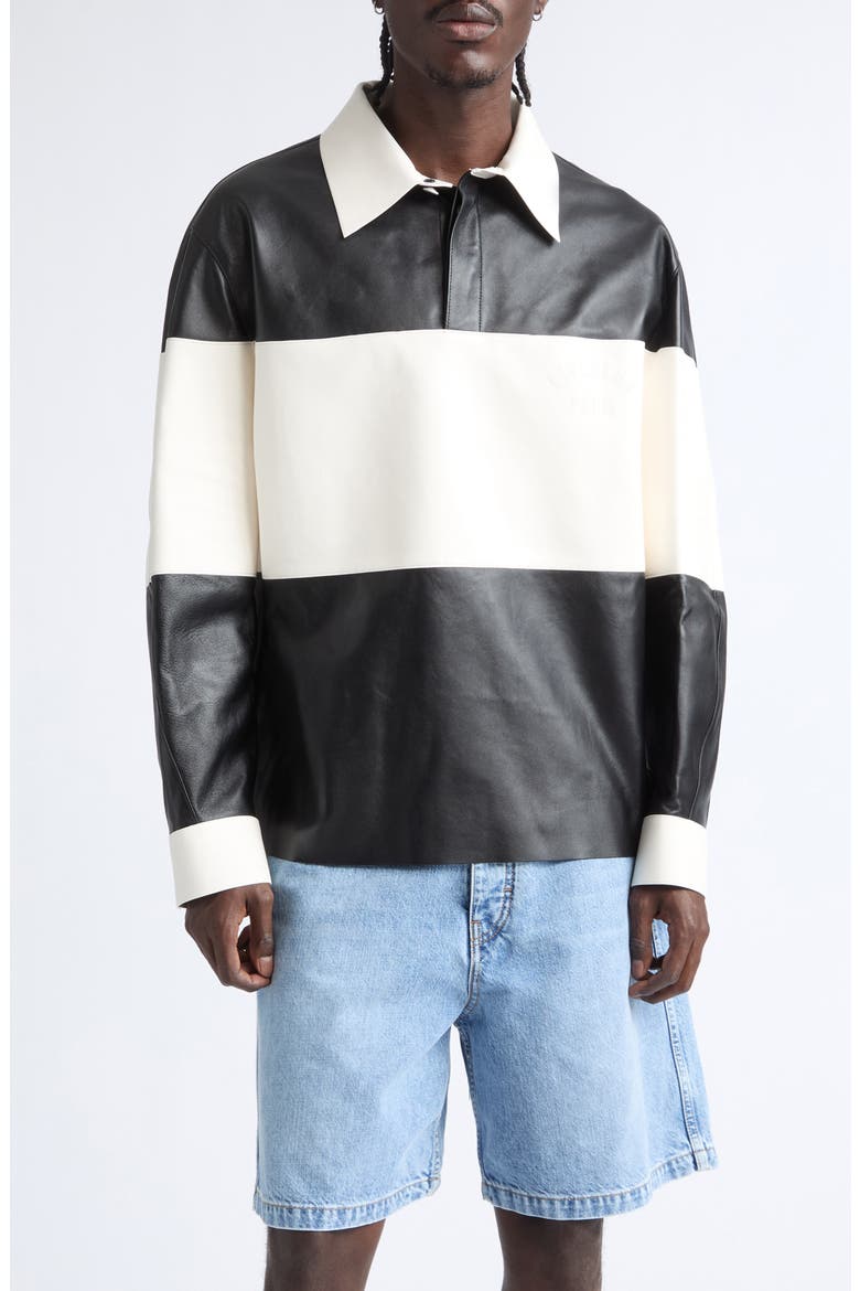 Bicolor Long Sleeve Leather Polo, Main, color, BLACK/ IVORY