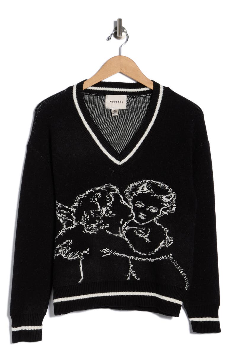 INDUSTRY REPUBLIC CLOTHING Jacquard V-Neck Sweater, Alternate, color, Black/Ivory