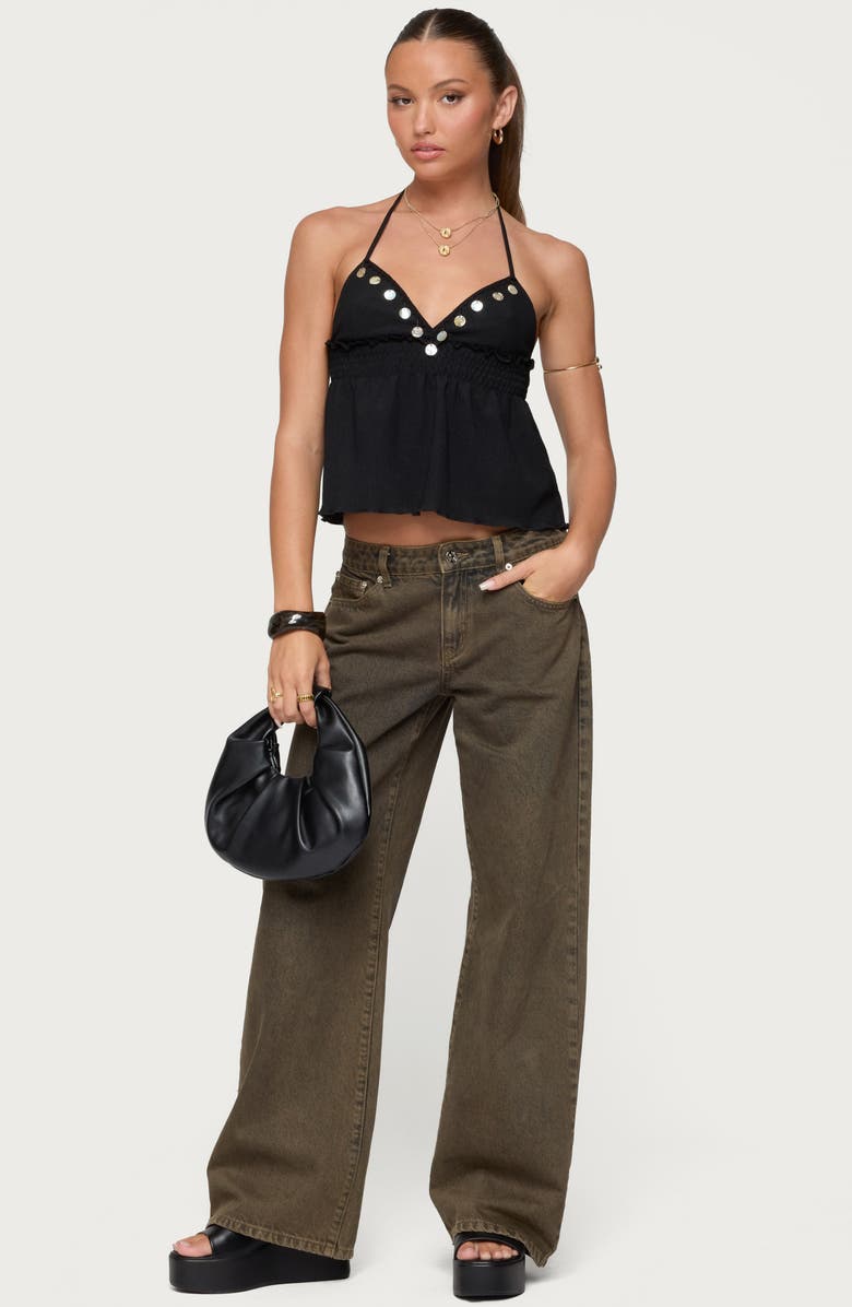 EDIKTED Pailette Sequin Halter Crop Top, Alternate, color, Black