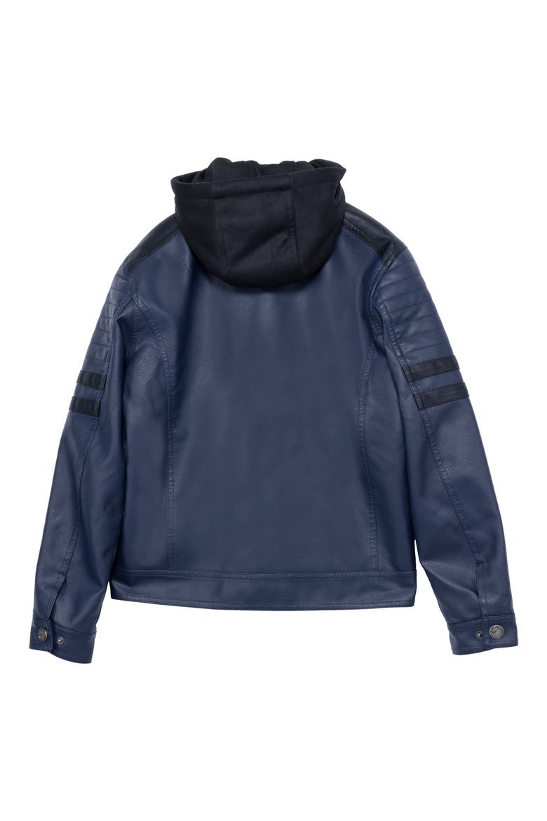 Kids' Hooded Faux Shearling Lined Faux Leather Moto Jacket, Alternate, color, NAVY/BLACK