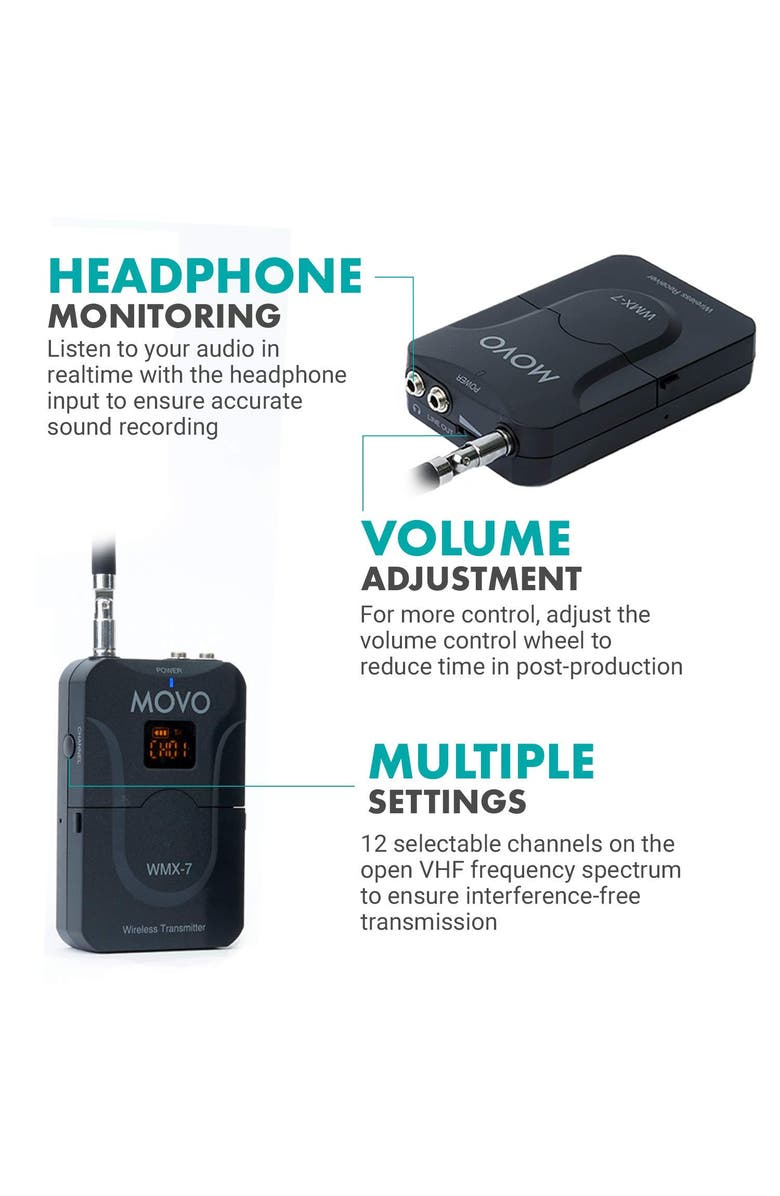 MOVO WMX-7 VHF 12-Channel Wireless Lavalier Microphone System Compatible with DSLR Cameras, Camcorders, Smartphones, Alternate, color, Black