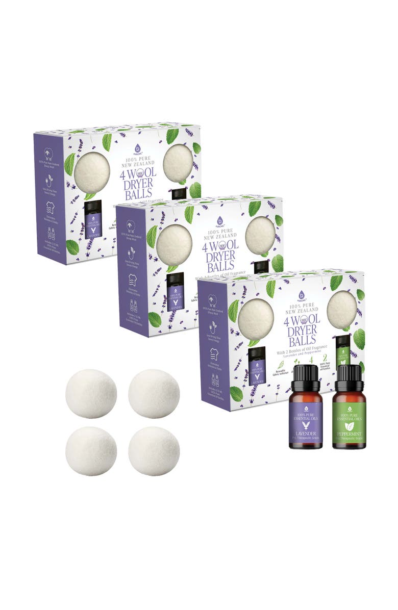 PURSONIC Wool Dryer Balls Bundle - 3-Pack of Reusable Laundry Balls Made from Pure New Zealand Wool + Lavender & Peppermint Essential Oils, Main, color, 