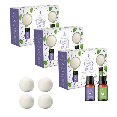 Wool Dryer Balls Bundle - 3-Pack of Reusable Laundry Balls Made from Pure New Zealand Wool + Lavender & Peppermint Essential Oils