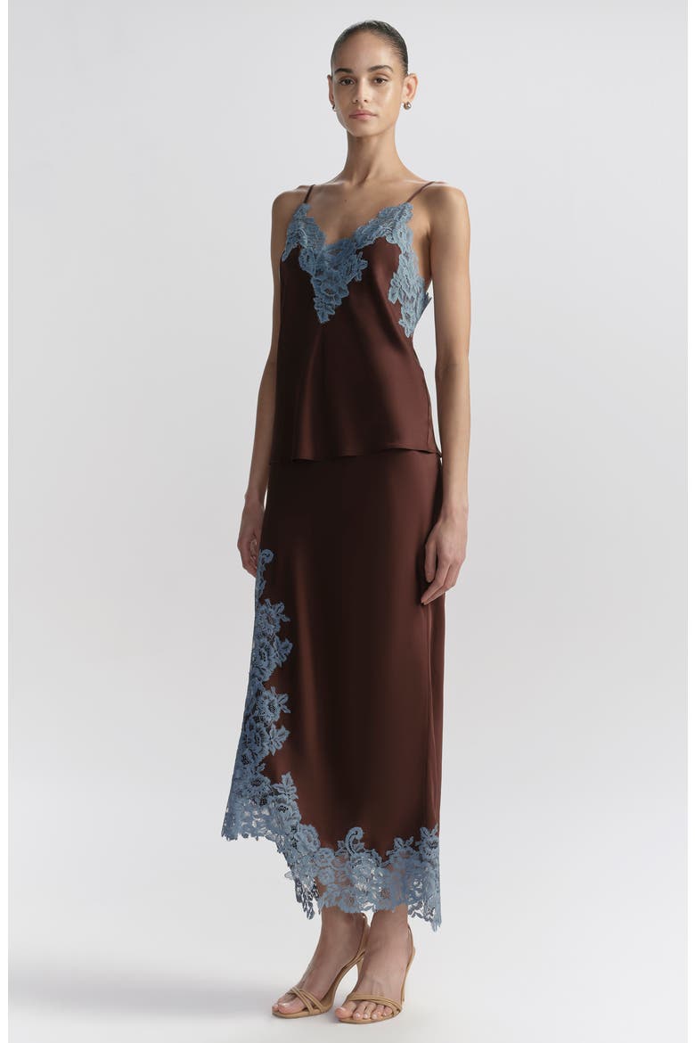 Olivia Lace Trim Asymmetric Satin Maxi Skirt, Alternate, color, GANACHE/ FRENCH BLUE