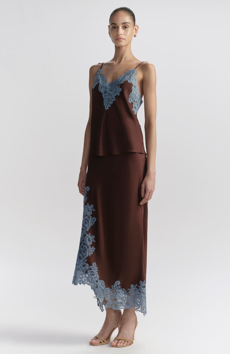 A.L.C. Olivia Lace Trim Asymmetric Satin Maxi Skirt, Alternate, color, Ganache/ French Blue