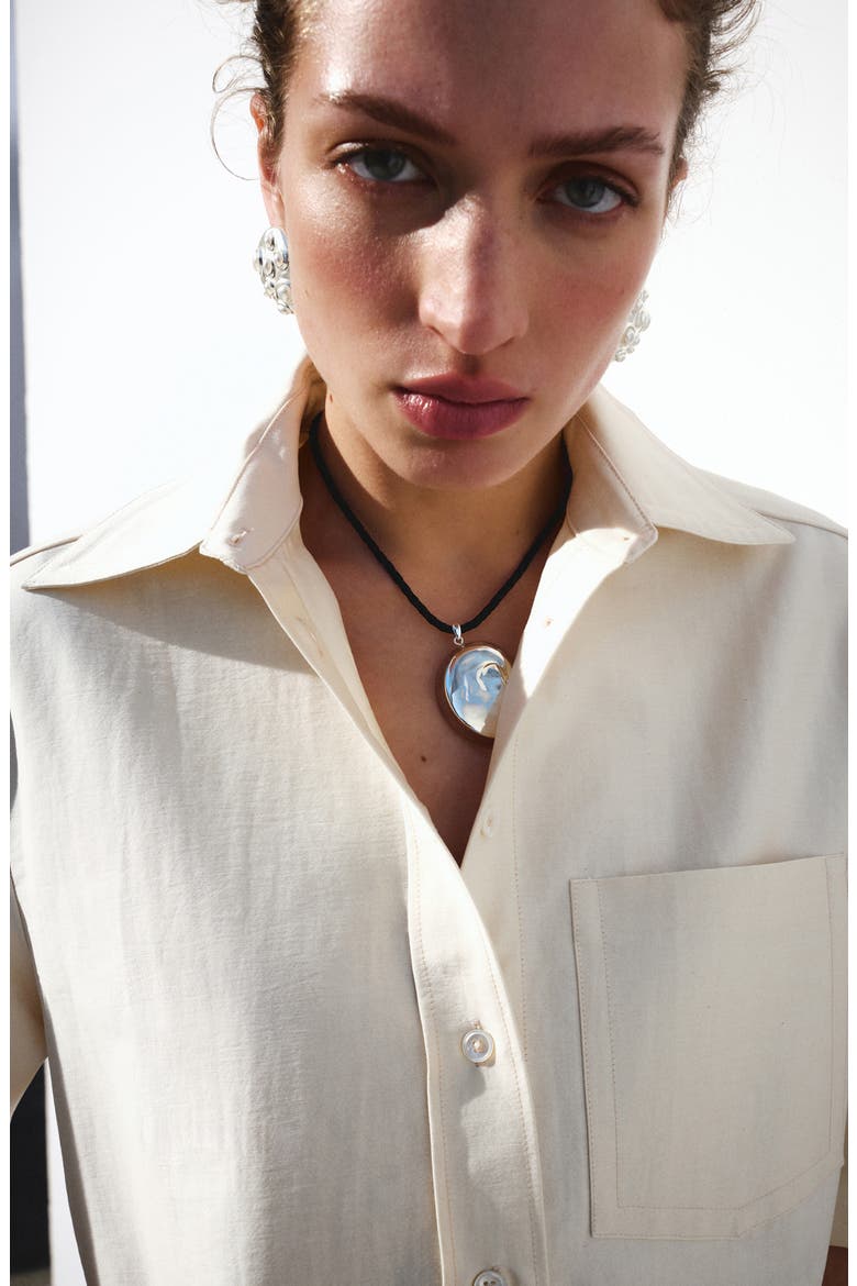 Cotton Blend Tie Back Button-Up Shirt, Alternate, color, BEIGE