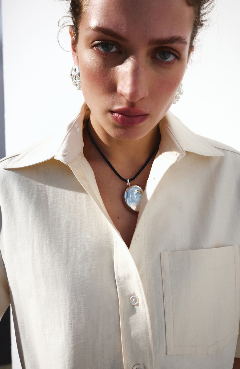 MANGO Cotton Blend Tie Back Button-Up Shirt, Alternate, color, Beige