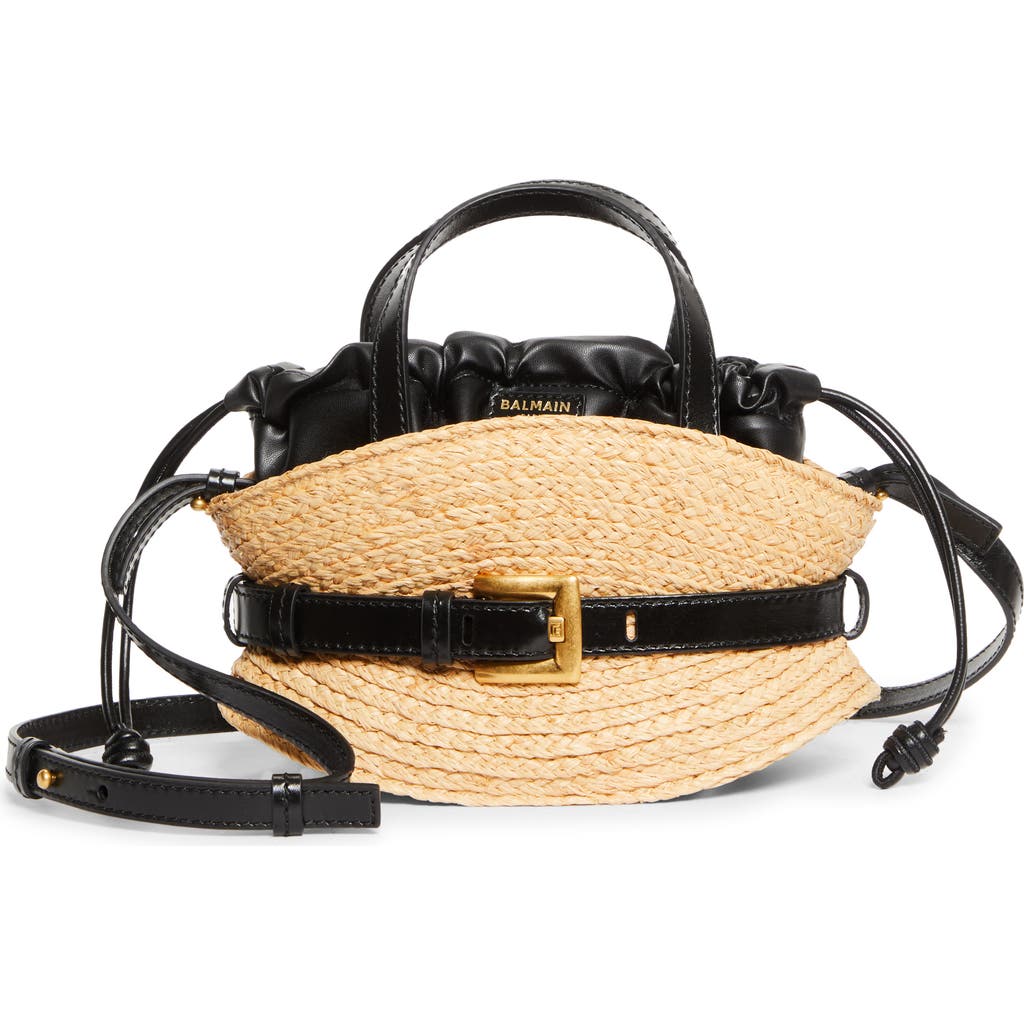 Balmain Shuffle Mini Top-handle Bag In Raffia And Calfskin In Black