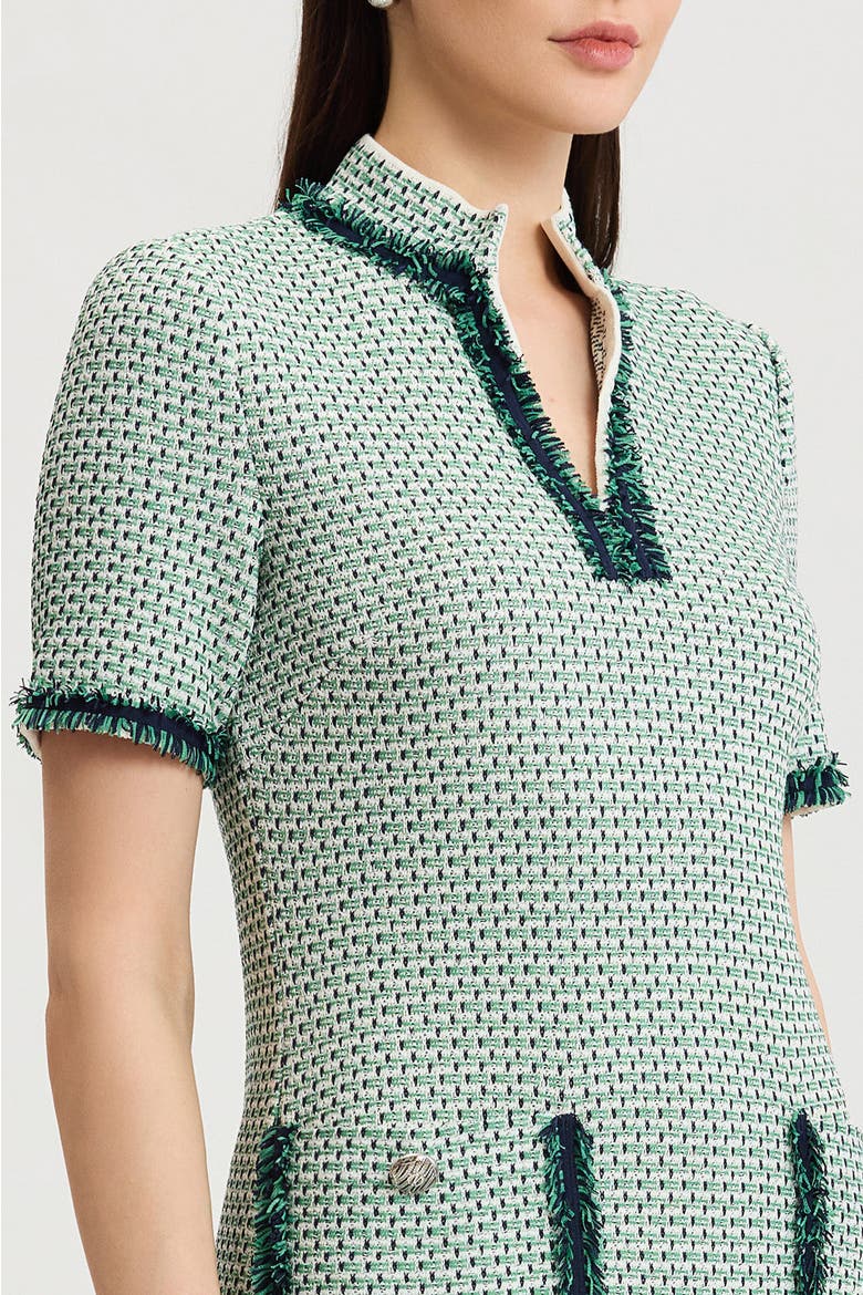 Fringe Trim Jacquard Basketweave Knit Sheath Dress, Alternate, color, Kelly Green/Indigo/Ivory