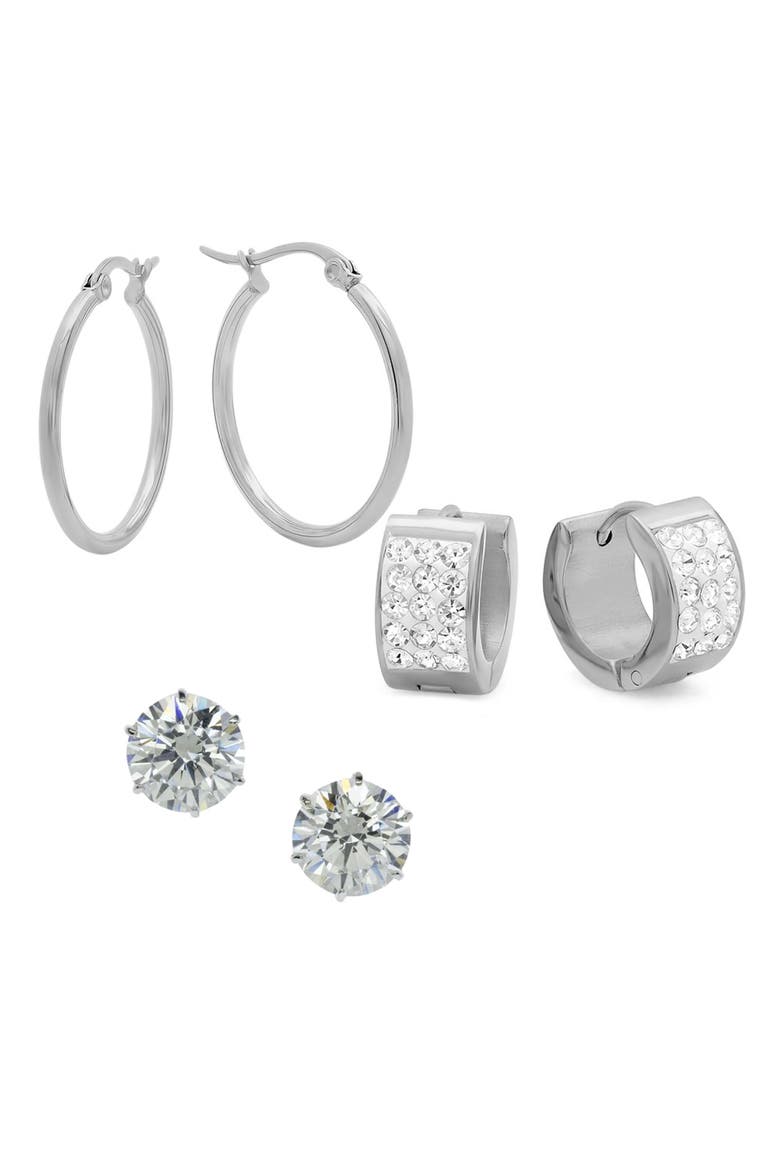 Set of 3 Hoop & Stud Earrings, Main, color, SILVER