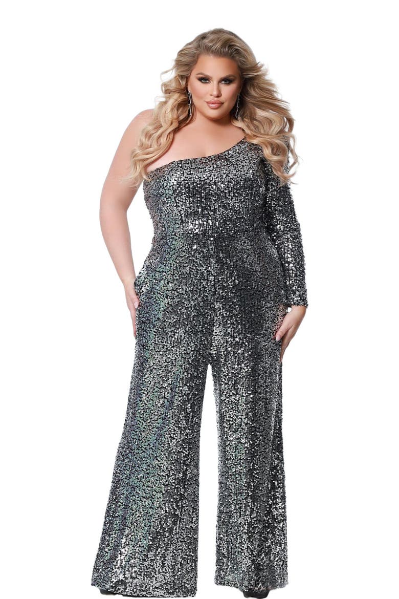 One Shoulder Wide Leg Plus Size Jumpsuit, Alternate, color, Platinum
