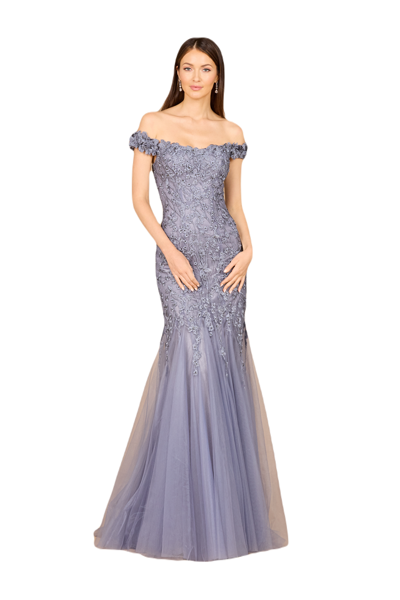 Beaded Faux-Wrap V-Neck Bridal Gown, Alternate, color, Grey Blue