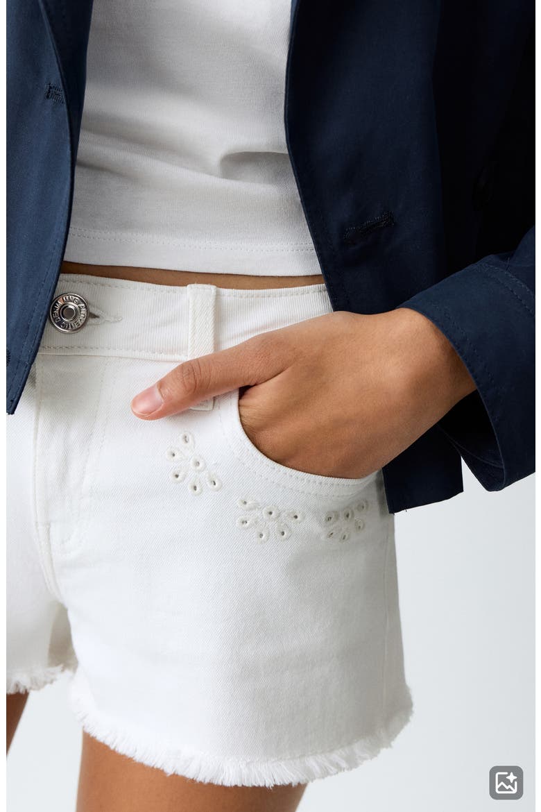Embroidered Eyelet Detail Stretch Denim Shorts, Alternate, color, WHITE