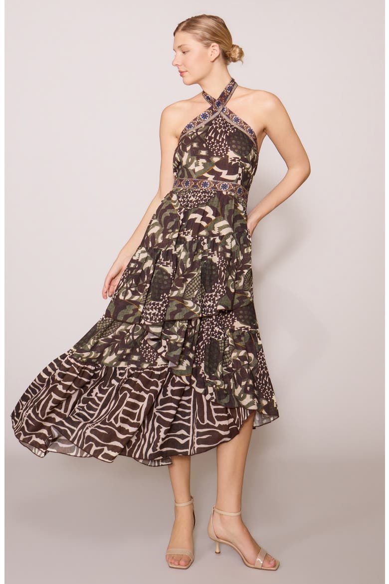Mixed Print Tiered Asymmetric Hem Halter Dress, Alternate, color, BROWN/ MULTI GEO