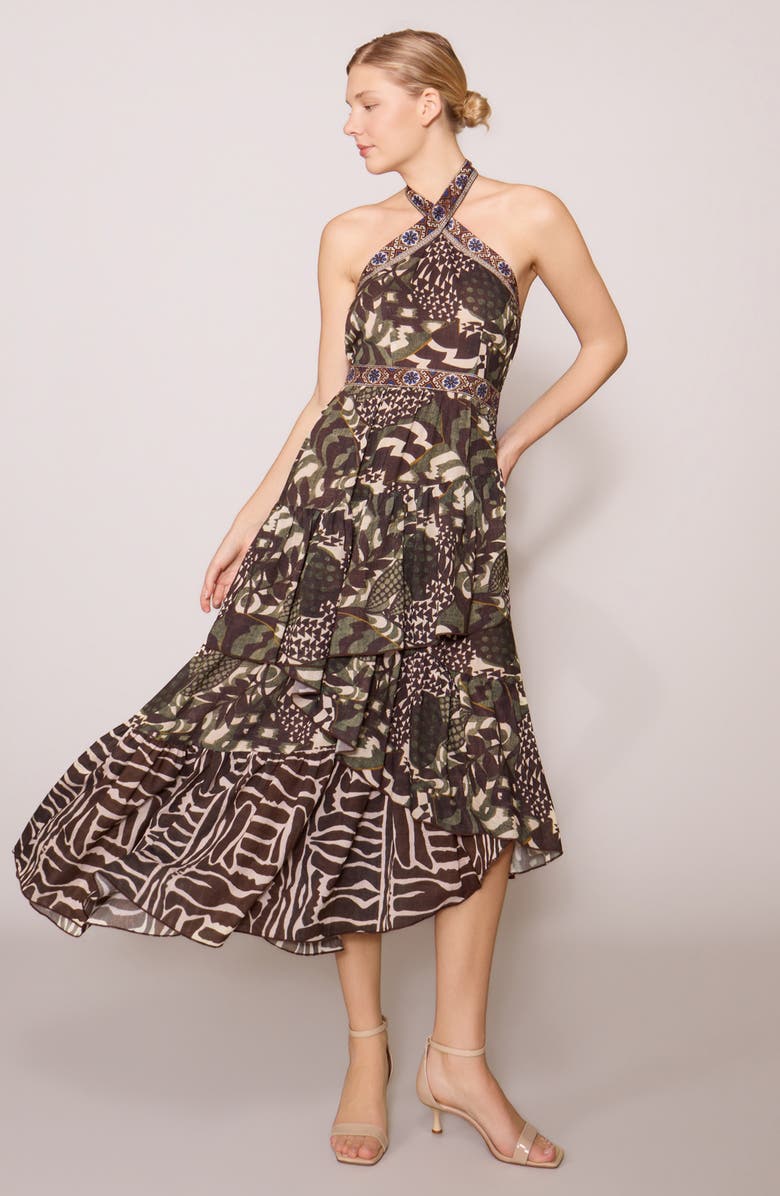 MELLODAY Mixed Print Tiered Asymmetric Hem Halter Dress, Alternate, color, Brown/ Multi Geo