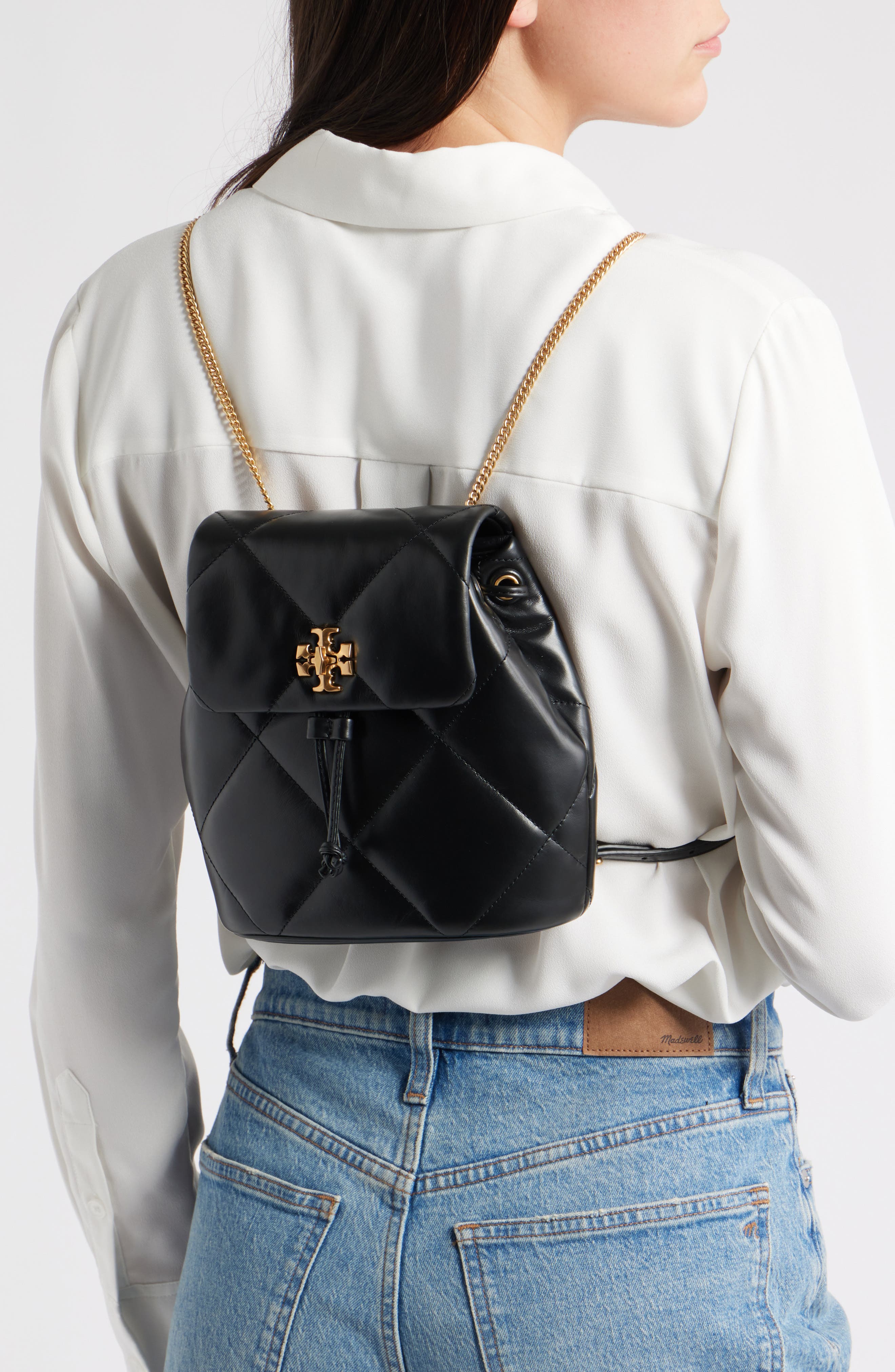 Tory Burch Small Kira Diamond Quilted Leather Backpack, Alternate, color, Black