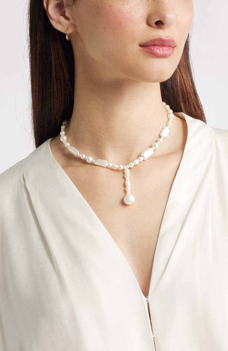 Nordstrom Mixed Faux Pearl Y-Necklace, Alternate, color, White- Gold