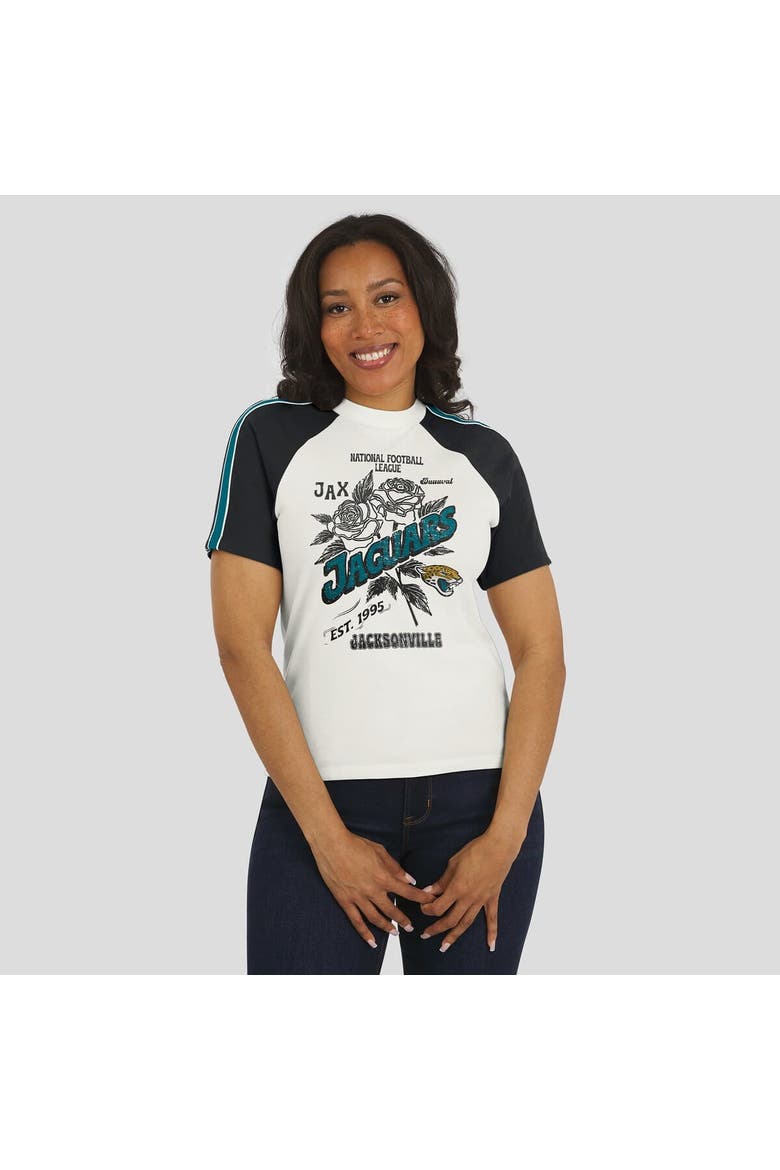 Women's WEAR by Erin Andrews White Jacksonville Jaguars Sleeve Stripe Distressed Raglan T-Shirt, Alternate, color, White
