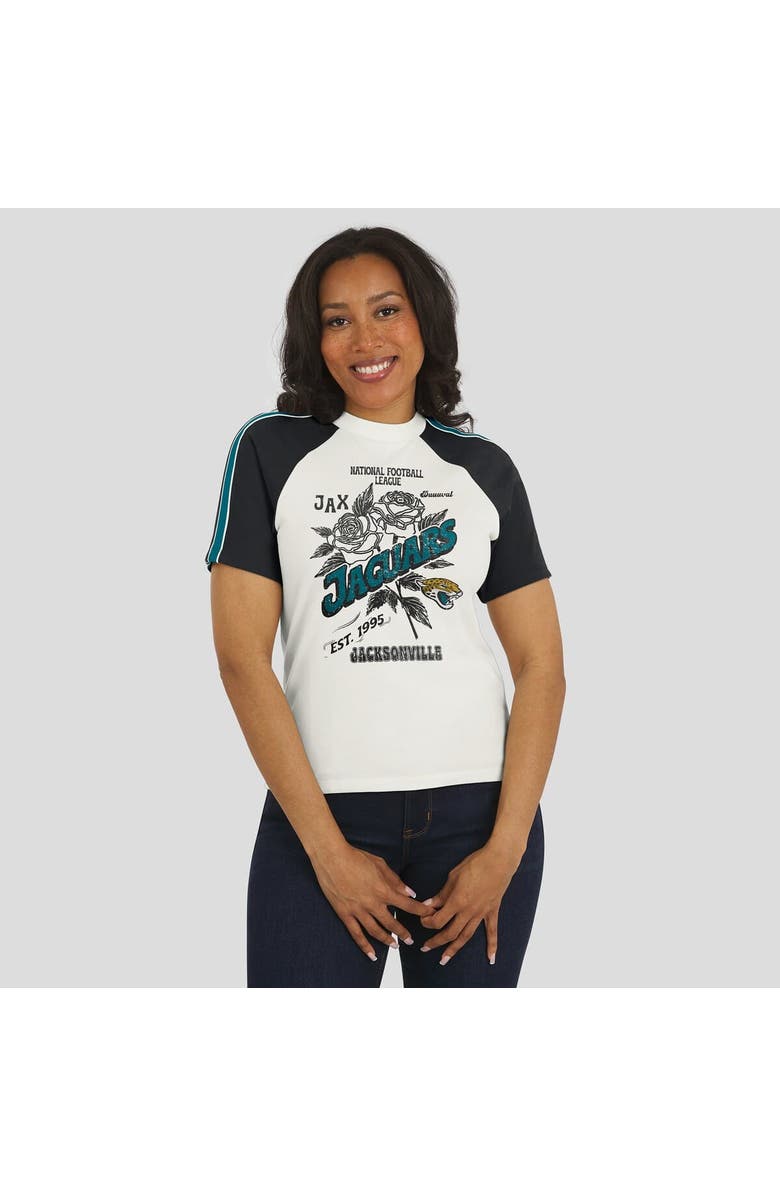 WEAR by Erin Andrews Women's WEAR by Erin Andrews White Jacksonville Jaguars Sleeve Stripe Distressed Raglan T-Shirt, Alternate, color, White