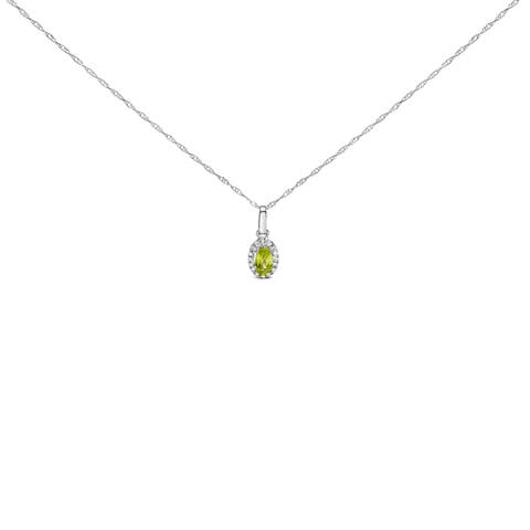 10K White Gold 5x3mm Gemstone and Diamond Accent Halo Oval Shape 18" Pendant Necklace