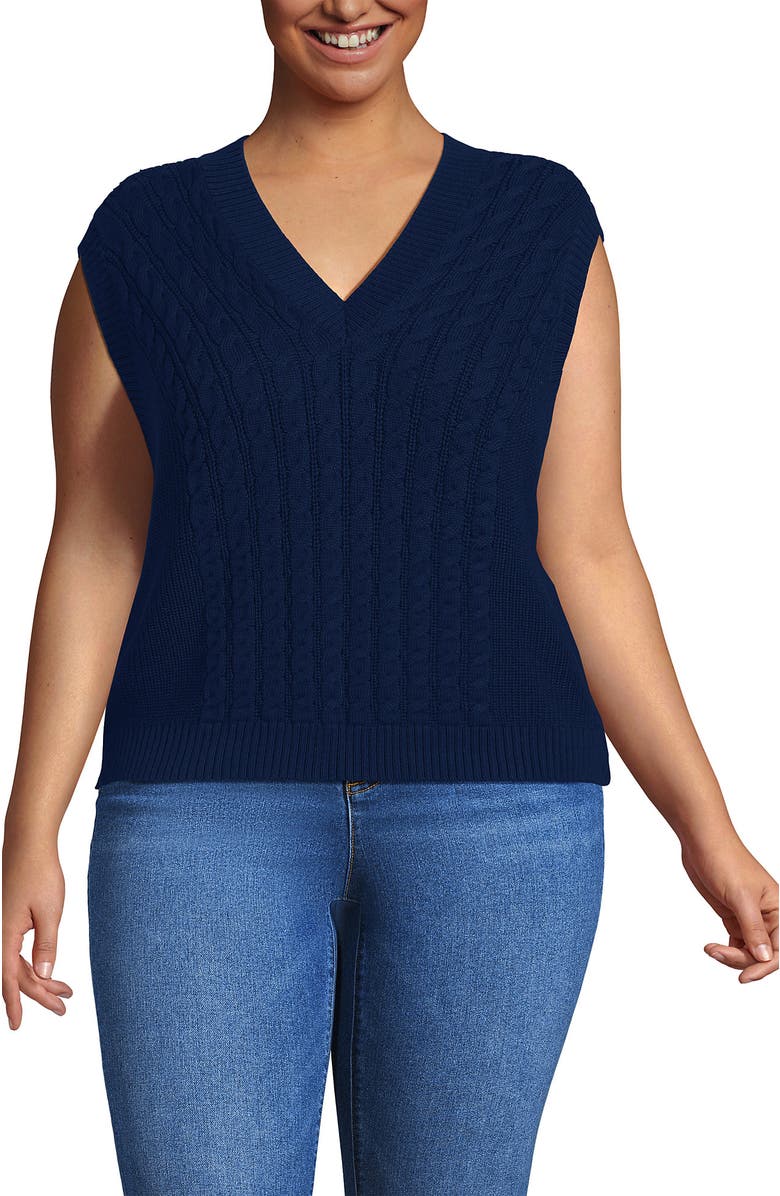 Lands' End Drifter Modern Cable V Neck Vest Sweater, Main, color, Deep Sea Navy