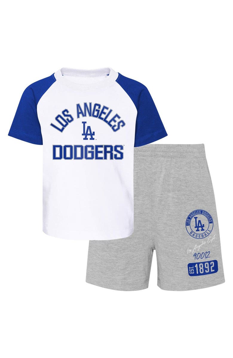 Outerstuff Infant White/Heather Gray Los Angeles Dodgers Ground Out Baller Raglan T-Shirt and Shorts Set, Main, color, 