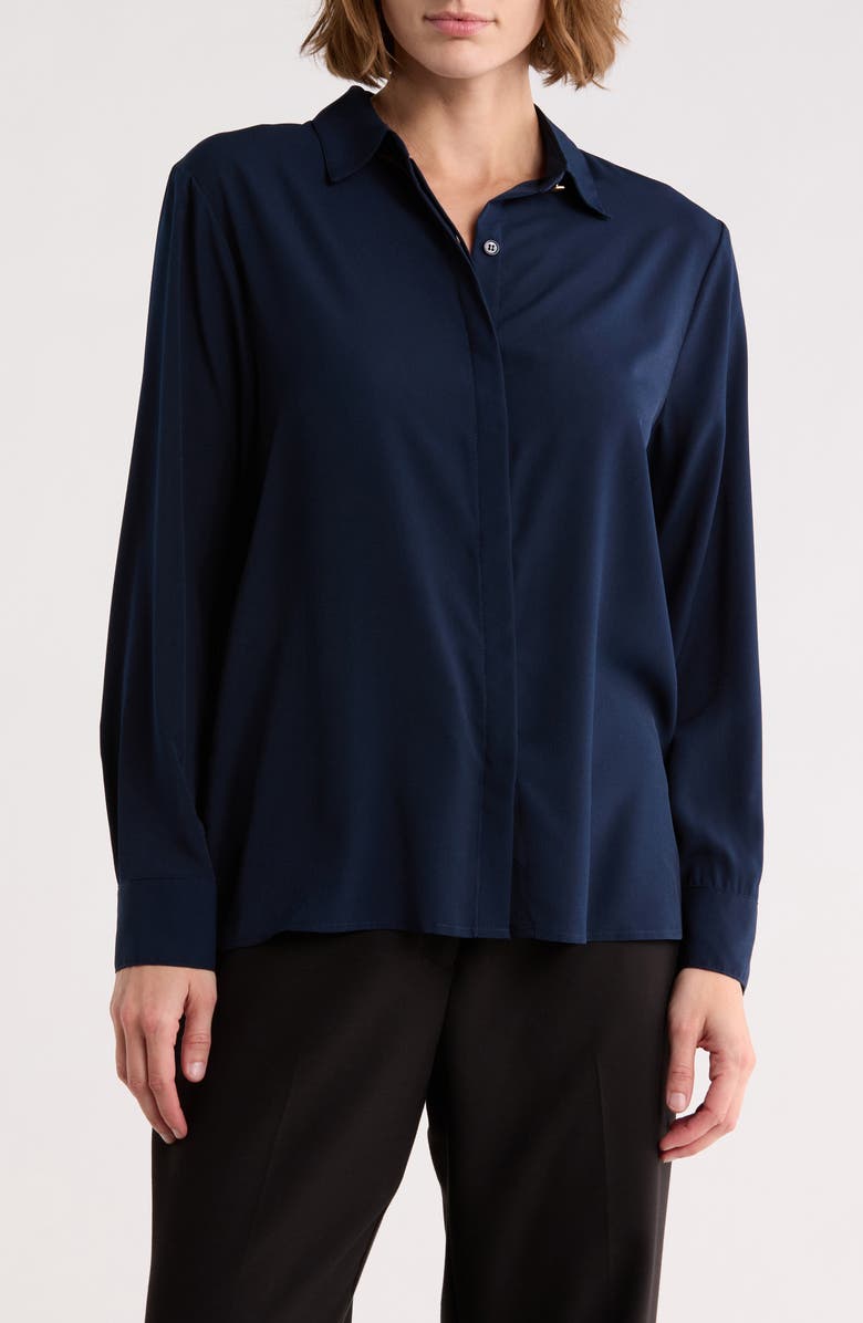 T Tahari Hidden Placket Long Sleeve Shirt, Main, color, Navy
