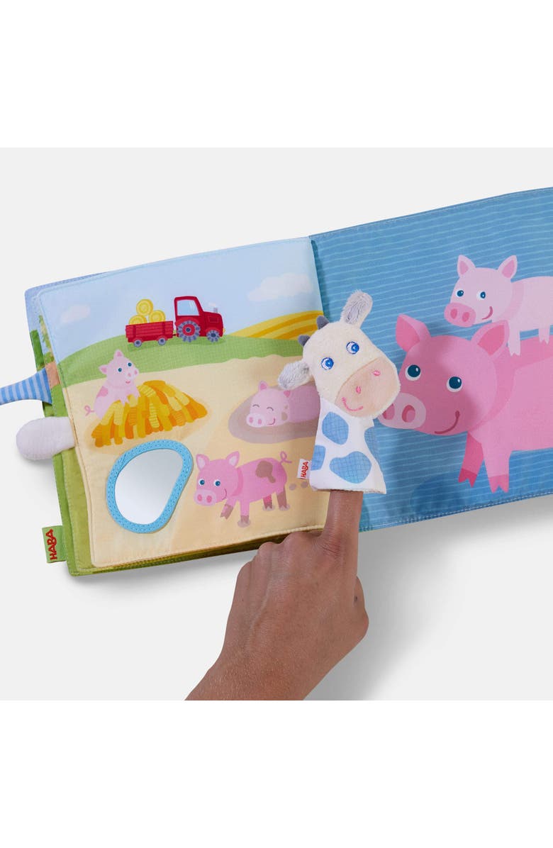 HABA Busy Book for Babies 6-12 months, Farm Fabric Book with Finger Puppet for Babies, Sensory Book for 6-12 Months, Alternate, color, Red Multi