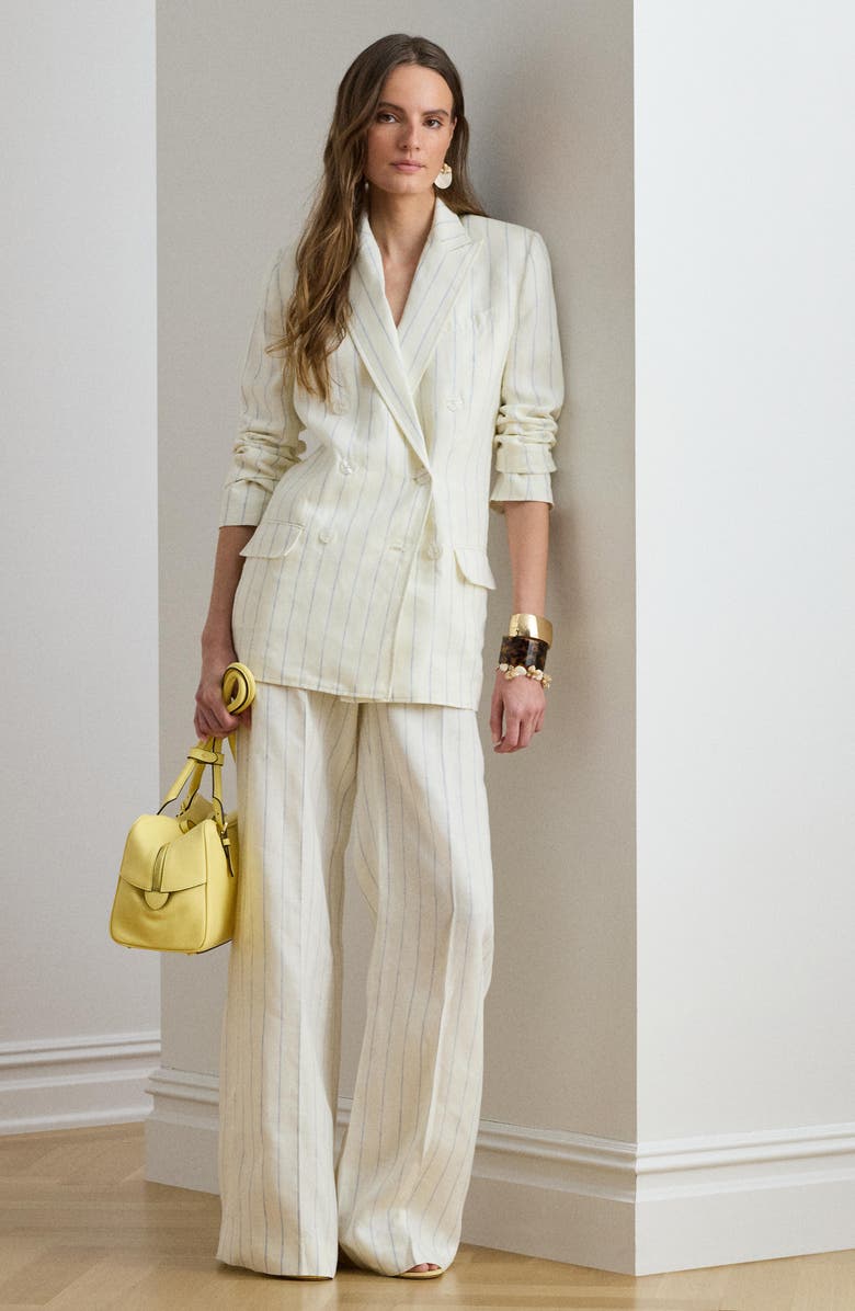 Lauren Ralph Lauren Stripe Double Breasted Linen Blazer, Alternate, color, White/ Blue Multi