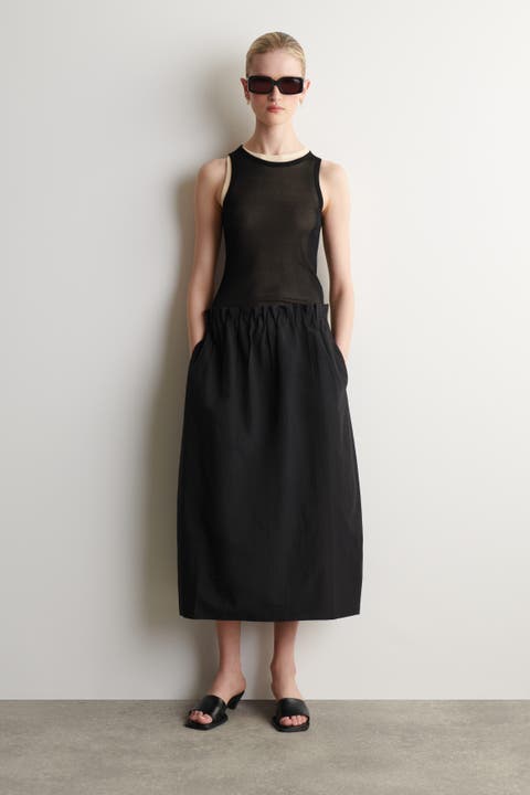 Cotton-linen Balloon Midi Skirt