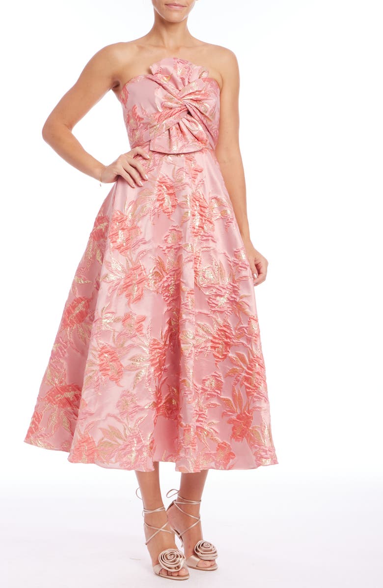 Badgley Mischka Collection Metallic Floral Jacquard Strapless Cocktail Dress, Main, color, Coral Pink