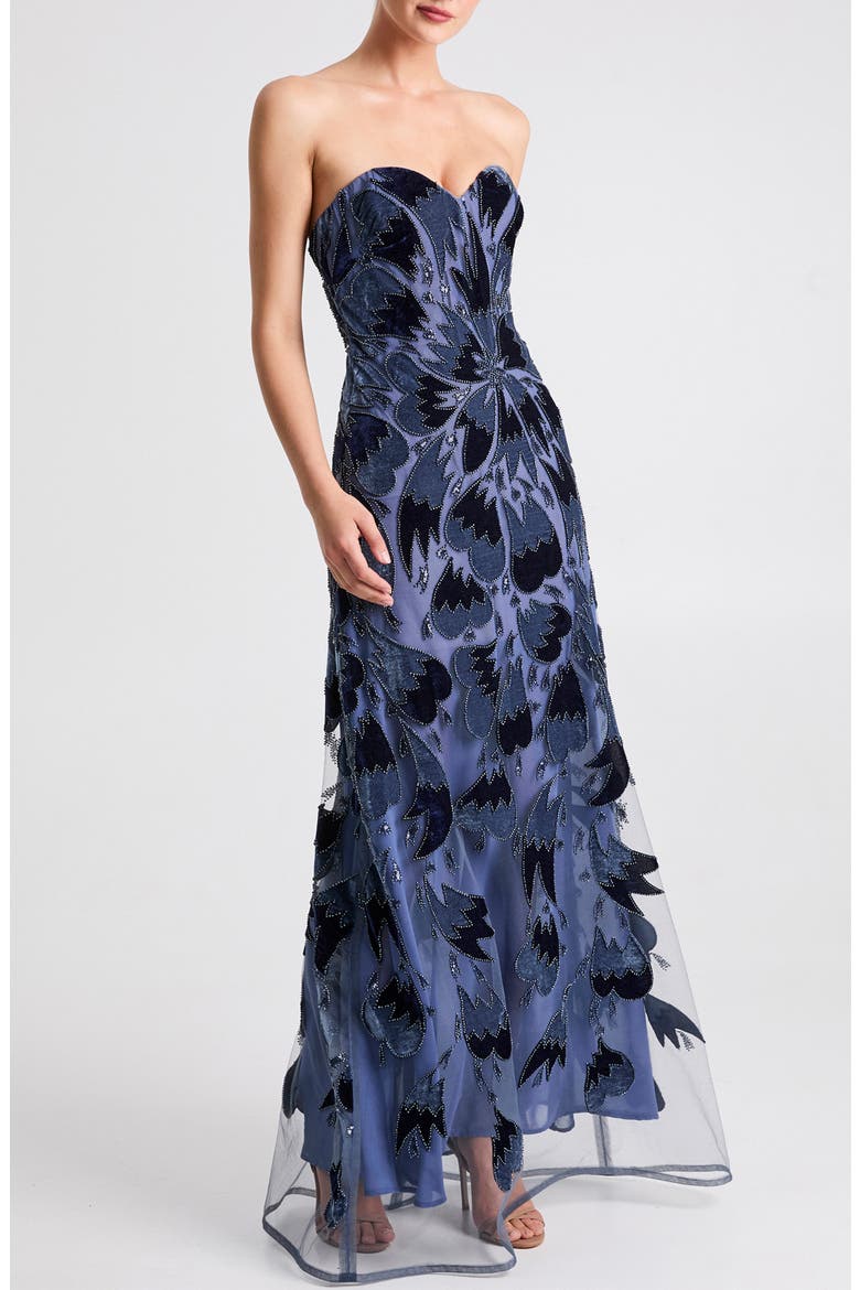 Sasha Velvet Trim Strapless Gown, Main, color, DENIM BLUE