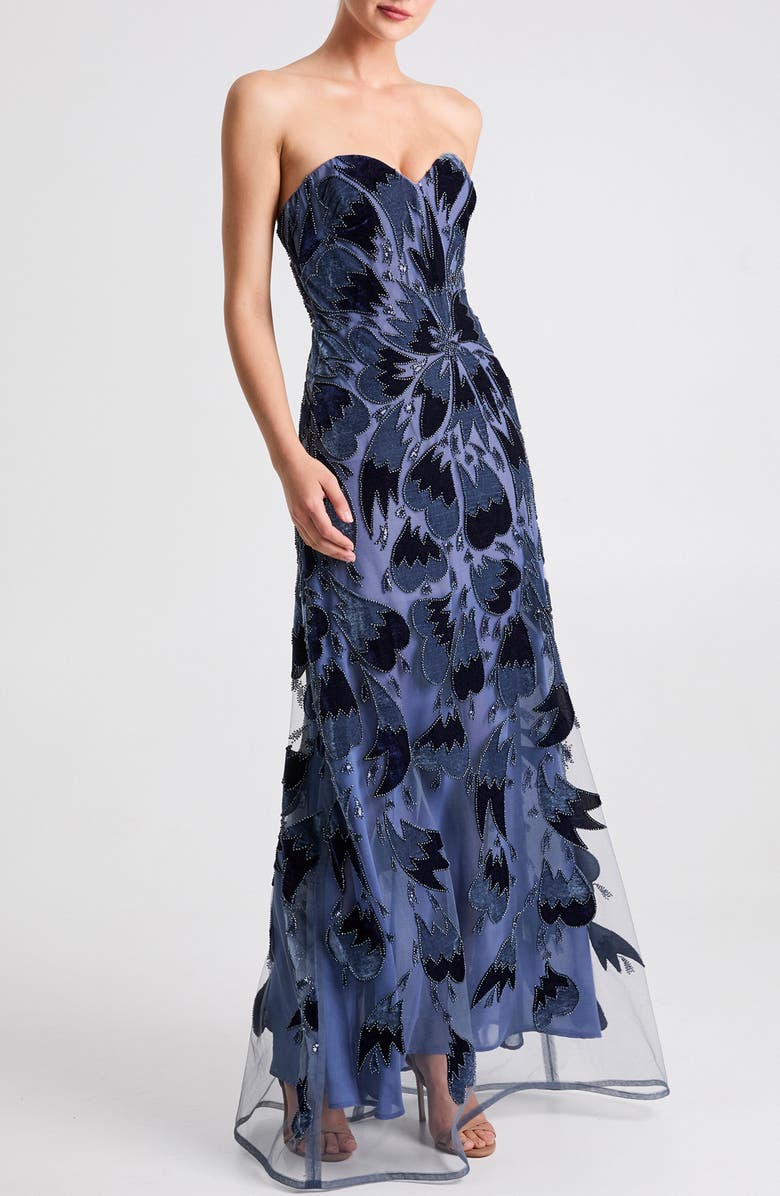 HELSI Sasha Velvet Trim Strapless Gown, Main, color, Denim Blue