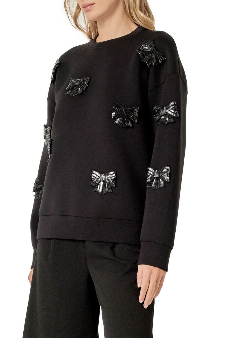 Sequin Bow Scuba Sweatshirt, Alternate, color, BLACK
