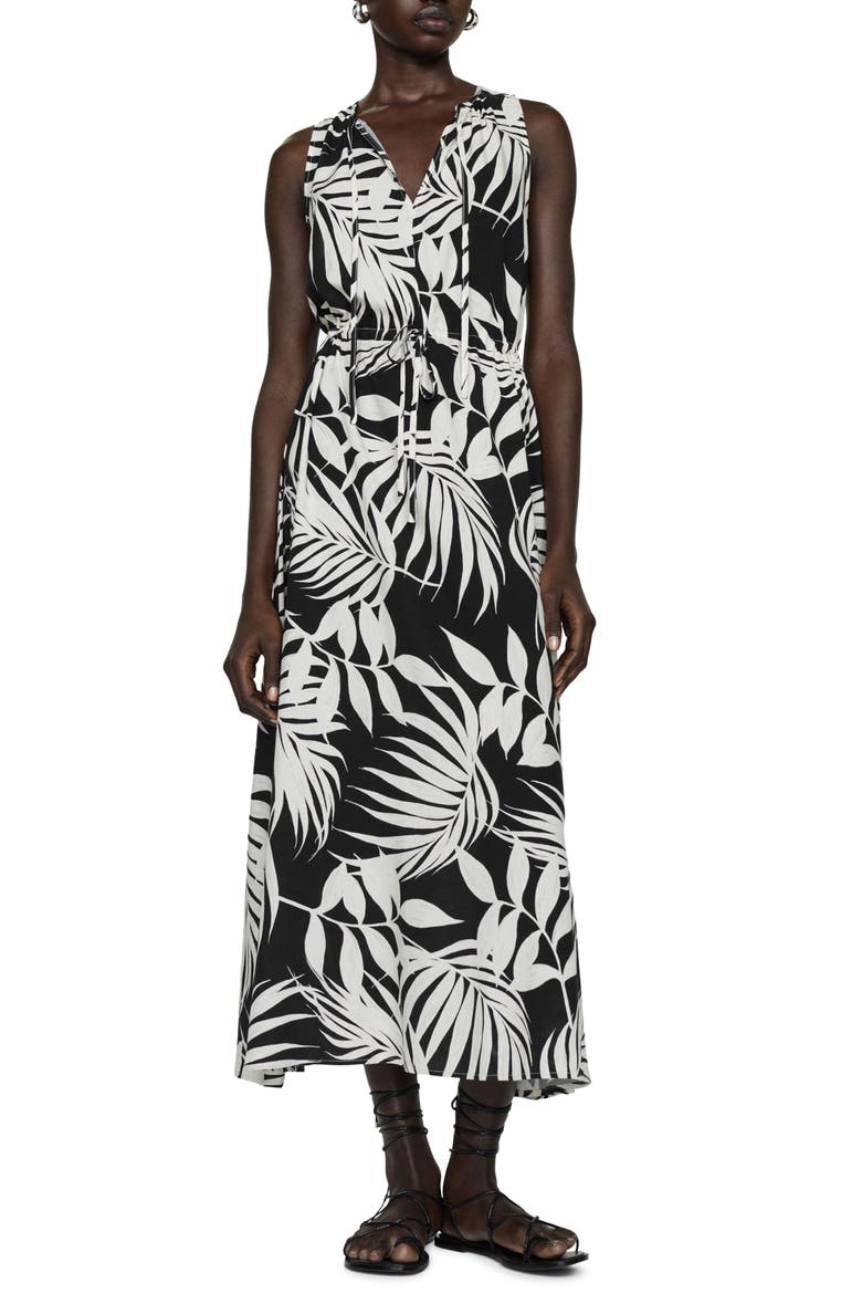 Palm Frond Sleeveless Midi Dress, Main, color, BLACK