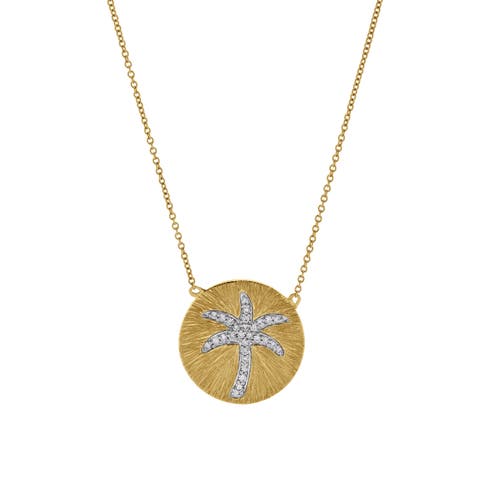 Soleil Palm Diamond Studded Round Disc Pendant Necklace in 14K Gold