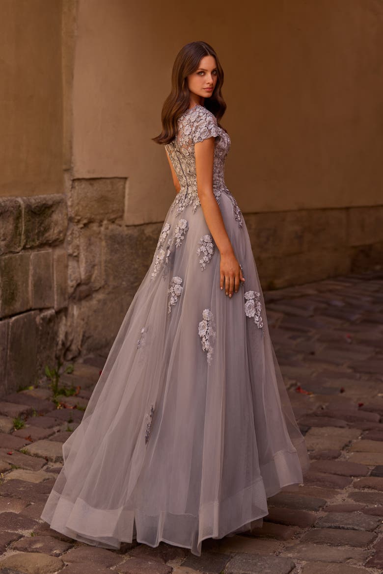 Long Tulle Gown with Intricate Lace Detailing, Alternate, color, Silver