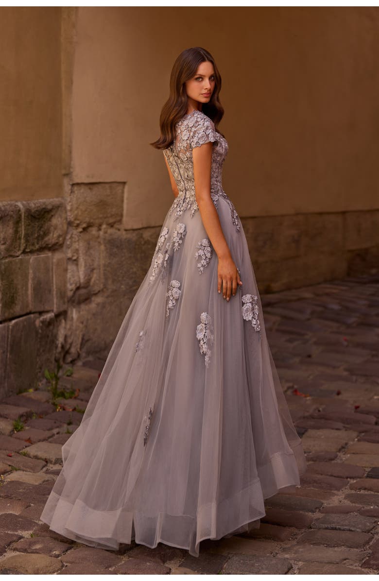 La Femme Long Tulle Gown with Intricate Lace Detailing, Alternate, color, Silver