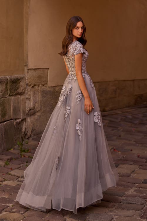 La Femme Long Tulle Gown With Intricate Lace Detailing In Silver