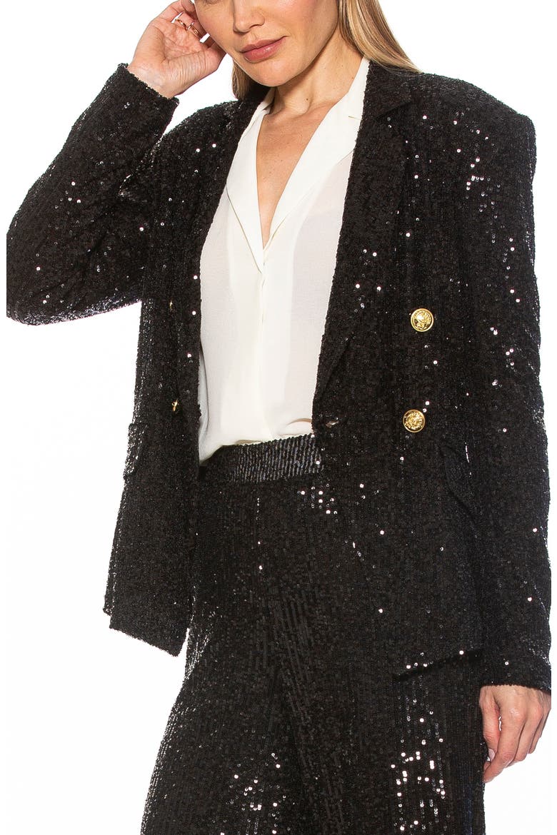Abbi Longline Double Breasted Sequin Blazer, Alternate, color, BLACK