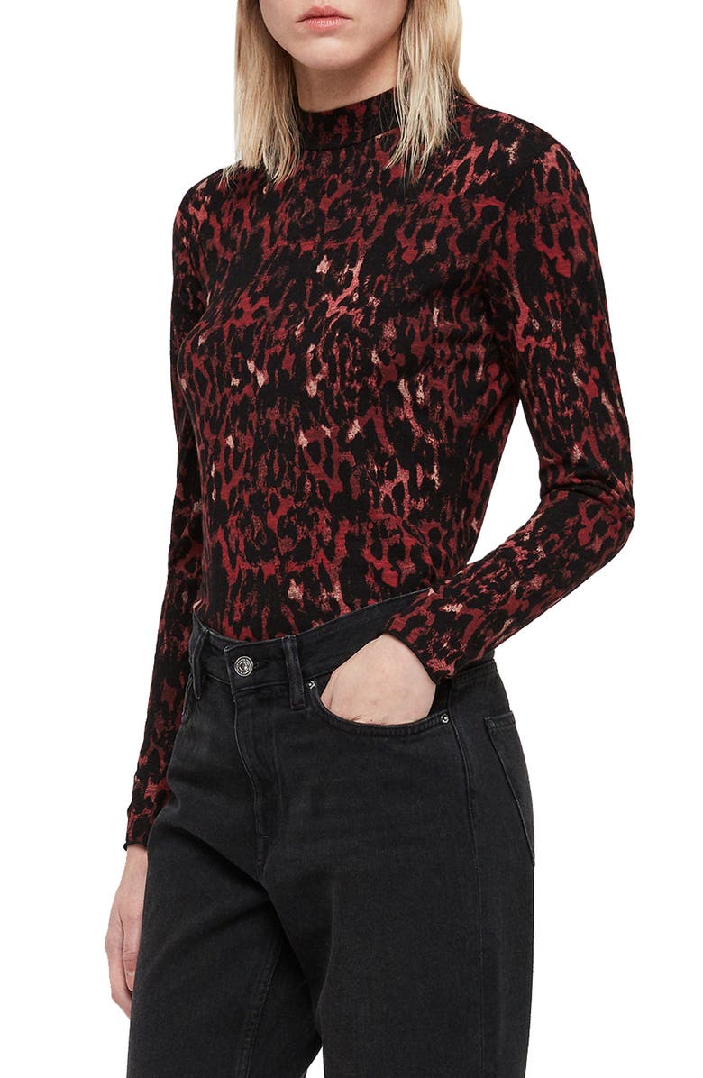 AllSaints Leopard Red Kiara Shirt, Alternate, color, 