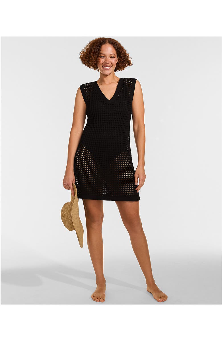 Lands' End Cotton Open Knit V-Neck Swim Cover-up Dress, Alternate, color, Black