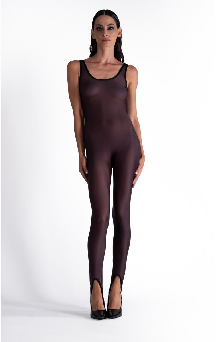 LECHERY<sup>®</sup> Lustrous Sheer Stirrup Bodystocking Tank Jumpsuit, Main, color, Black