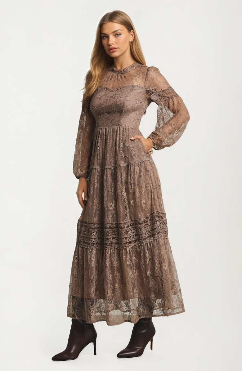 Knit and Lounge Long Sleeve Lace Maxi Dress with Tiered Skirt, Alternate, color,