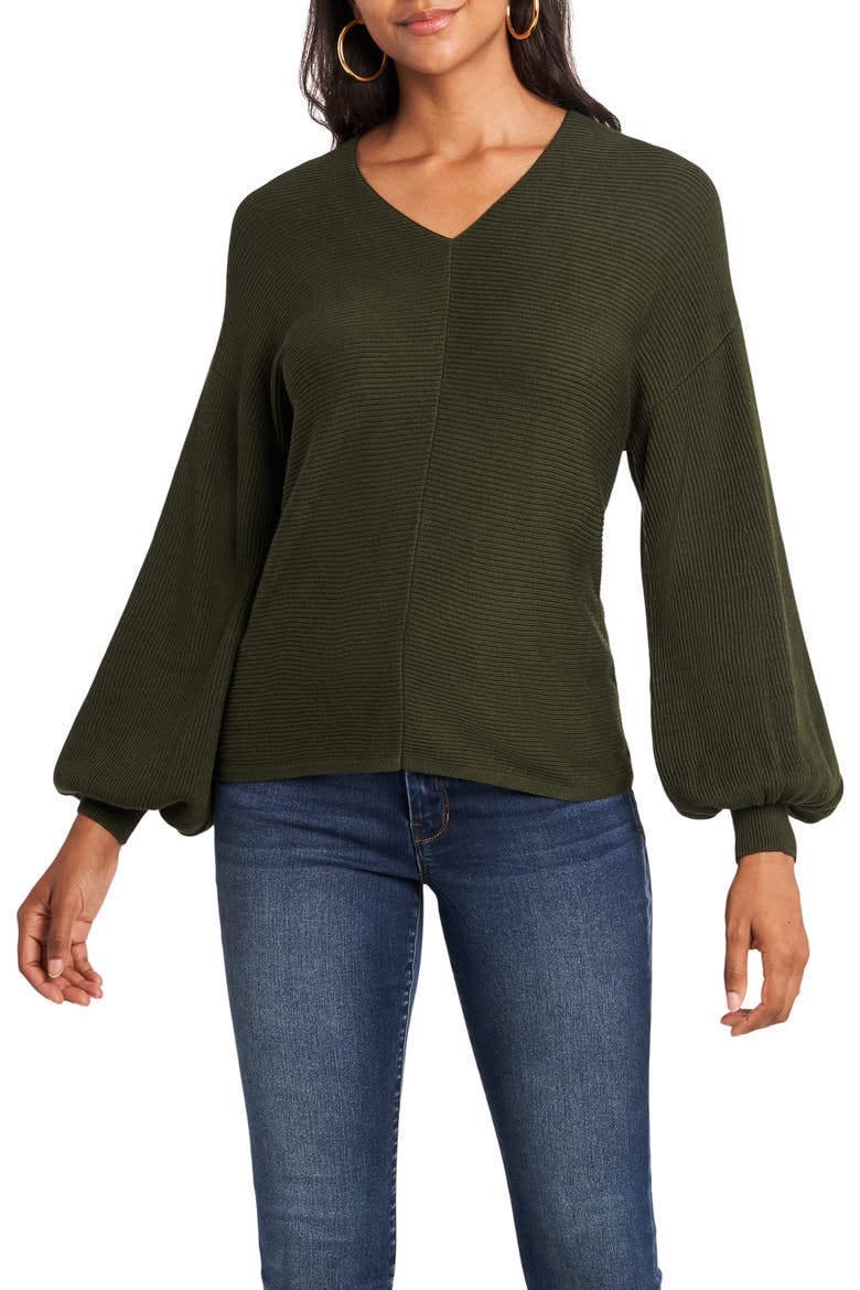 Ribbed Balloon Sleeve Cotton Blend Sweater, Main, color, OLIVE TREE