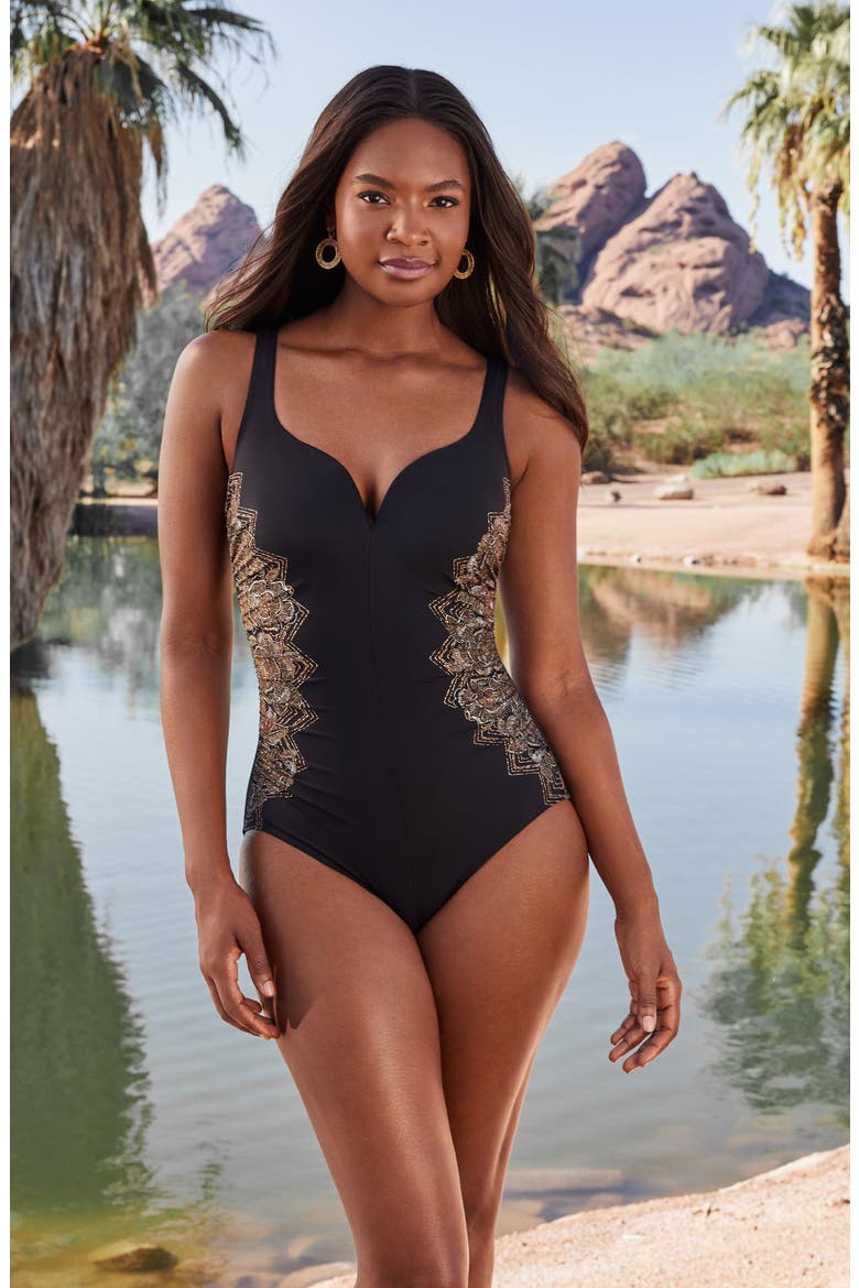 Petal Pusher Temptress One-Piece Swimsuit, Alternate, color, BLACK/ MULTI