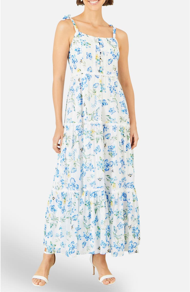 Yumi Butterfly Print Lace Trim Maxi Dress, Alternate, color, White