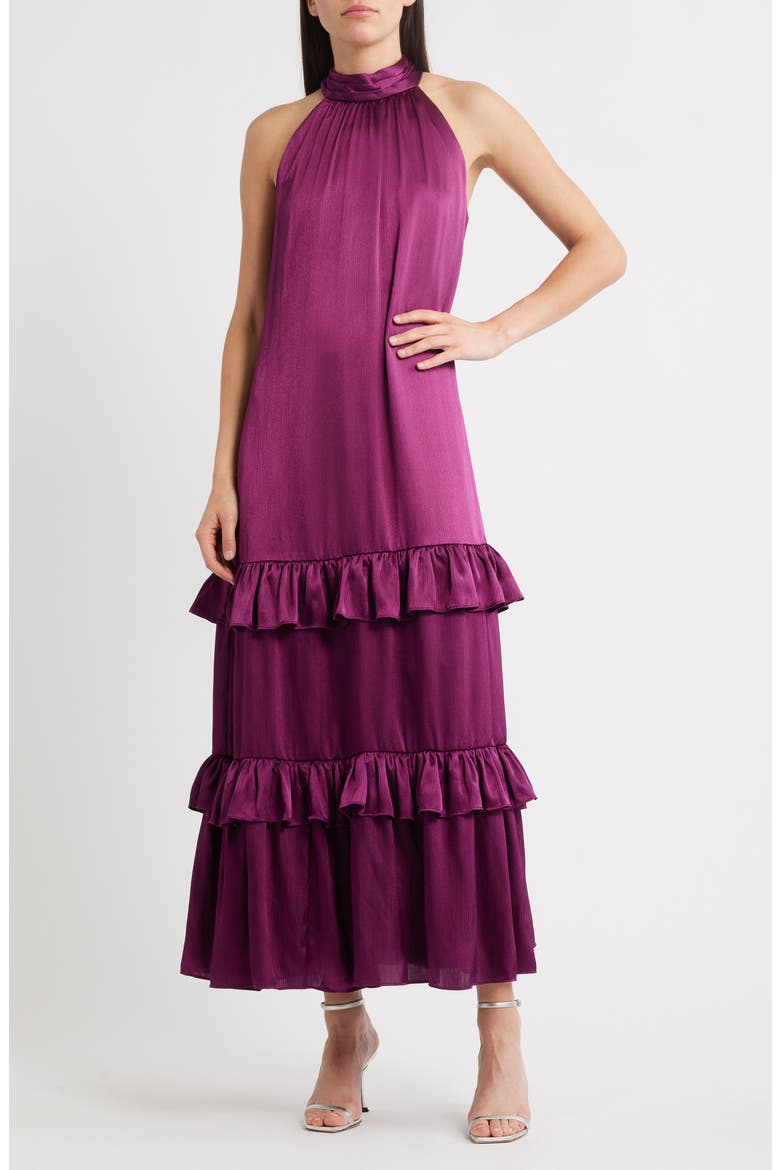 Tiered Sleeveless Satin Maxi Dress, Main, color, DEEP MULBERRY